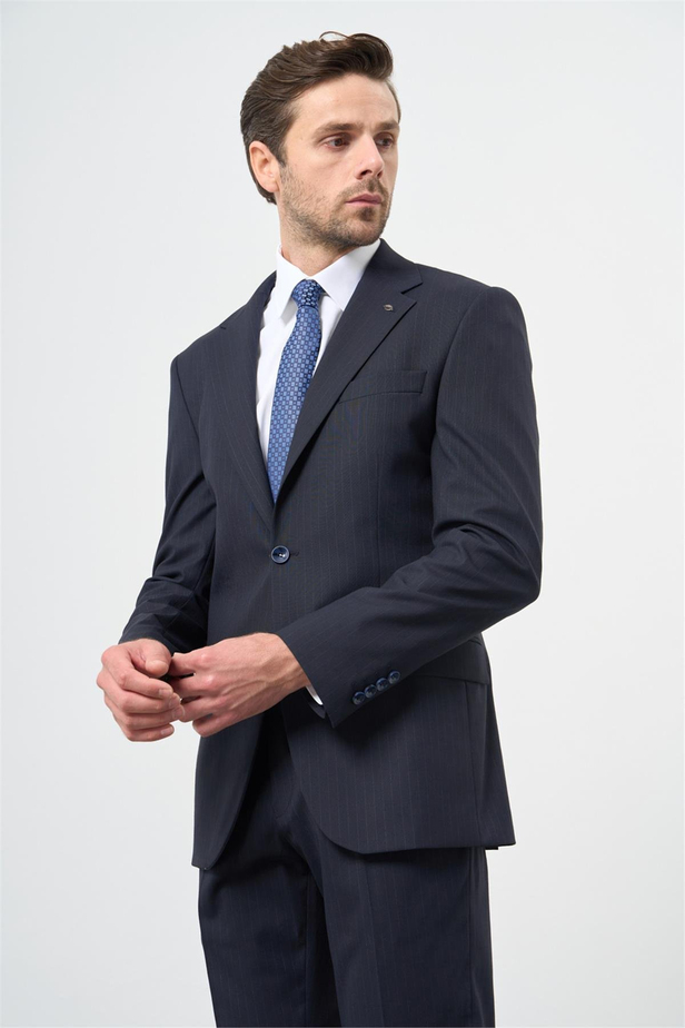 Lacivert Çizgili Mono Yaka Astarlı 6 Drop Slim Fit Dar Kesim Takım Elbise 1001245102
