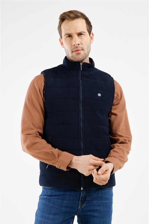 Lacivert Dik Yaka Fermuarlı Casual Slim Fit Kapitone Yelek 1009255103