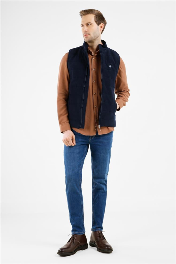 Lacivert Dik Yaka Fermuarlı Casual Slim Fit Kapitone Yelek 1009255103