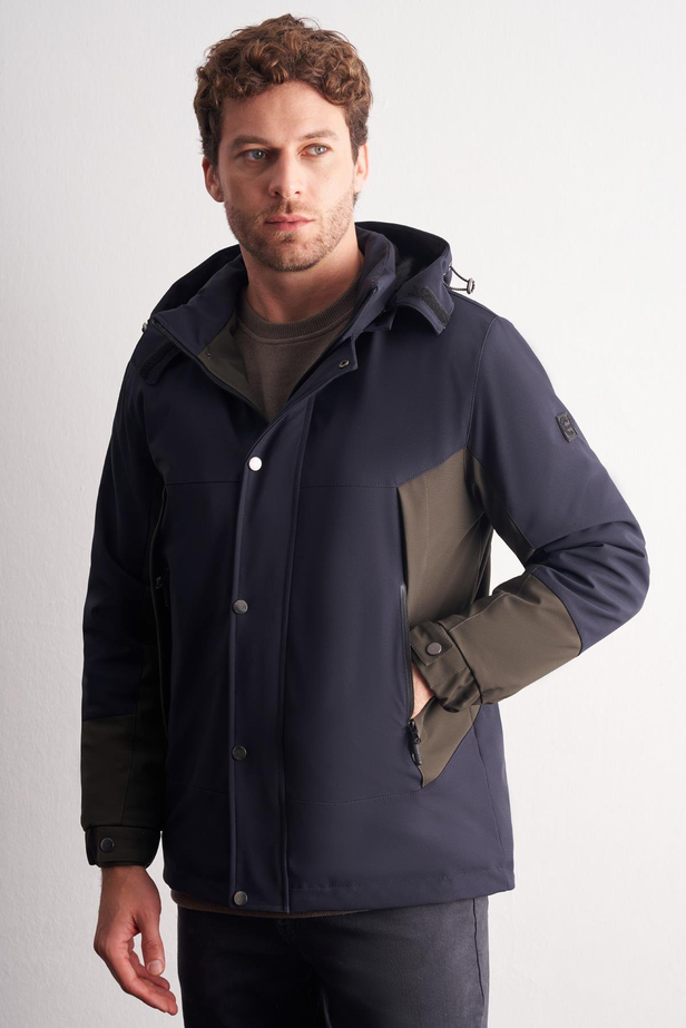 Lacivert - Haki Kapüşonlu Yaka Bondid Yırtmaçsız Casual Mont 1007255134