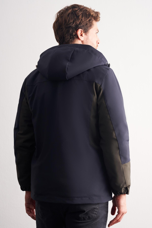 Lacivert - Haki Kapüşonlu Yaka Bondid Yırtmaçsız Casual Mont 1007255134