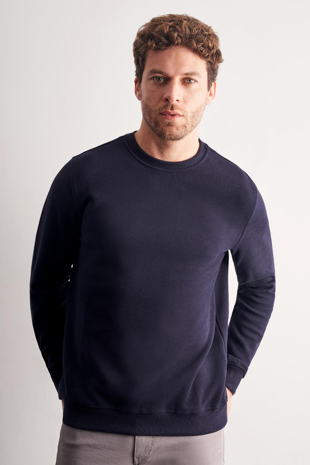 Lacivert Uzun Kol Bisiklet Yaka Düz Pamuklu Comfort Fit Sweatshirt 1013255150