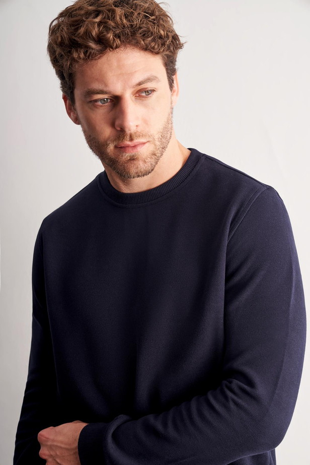 Lacivert Uzun Kol Bisiklet Yaka Düz Pamuklu Comfort Fit Sweatshirt 1013255150