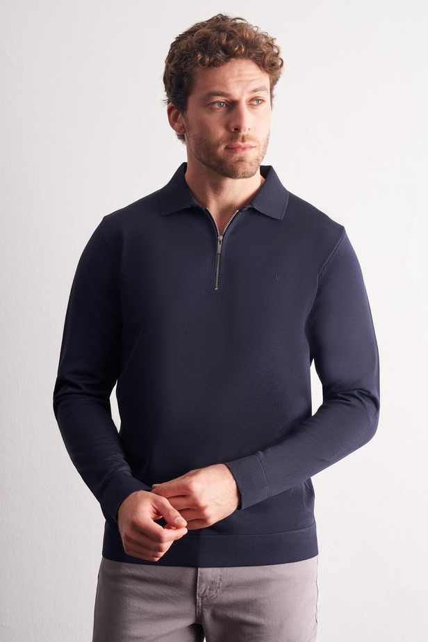 Lacivert Uzun Kol Fermuarlı Yaka Cepsiz  Slim Fit  Triko 1012255150