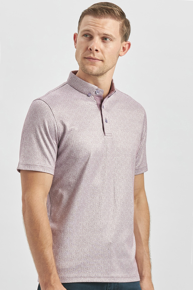 Lila Desenli Merserize Düğmeli Yaka Garnili Pamuklu Casual Slim Fit Dar Kesim Tişört 1011240164