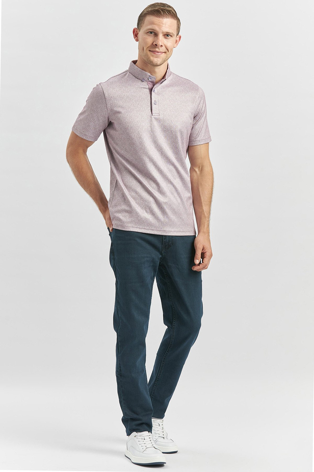 Lila Desenli Merserize Düğmeli Yaka Garnili Pamuklu Casual Slim Fit Dar Kesim Tişört 1011240164