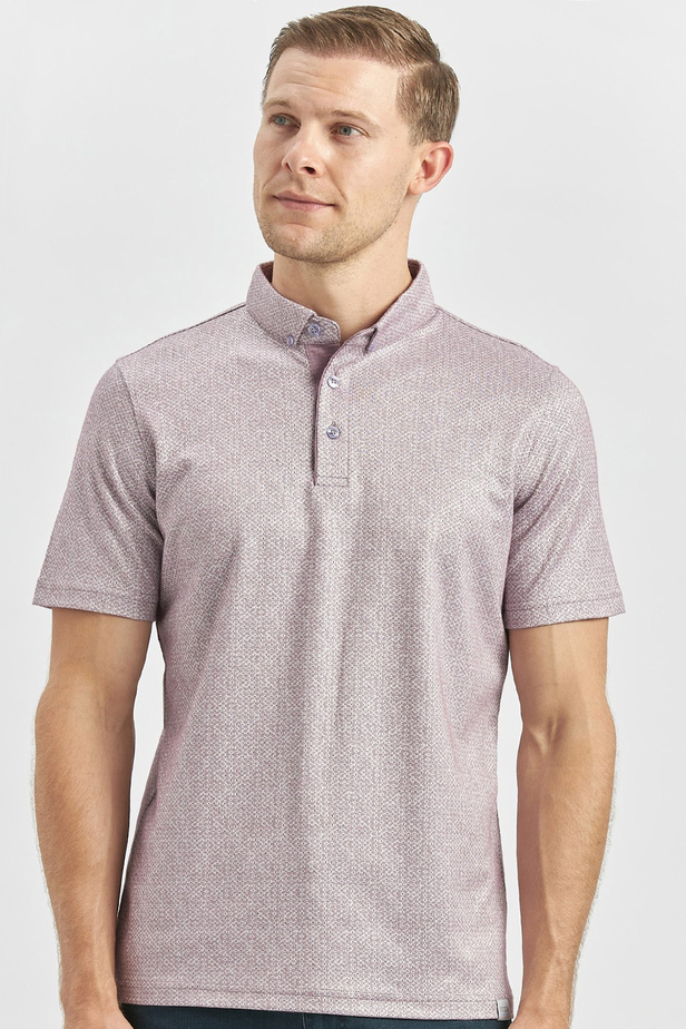 Lila Desenli Merserize Düğmeli Yaka Garnili Pamuklu Casual Slim Fit Dar Kesim Tişört 1011240164