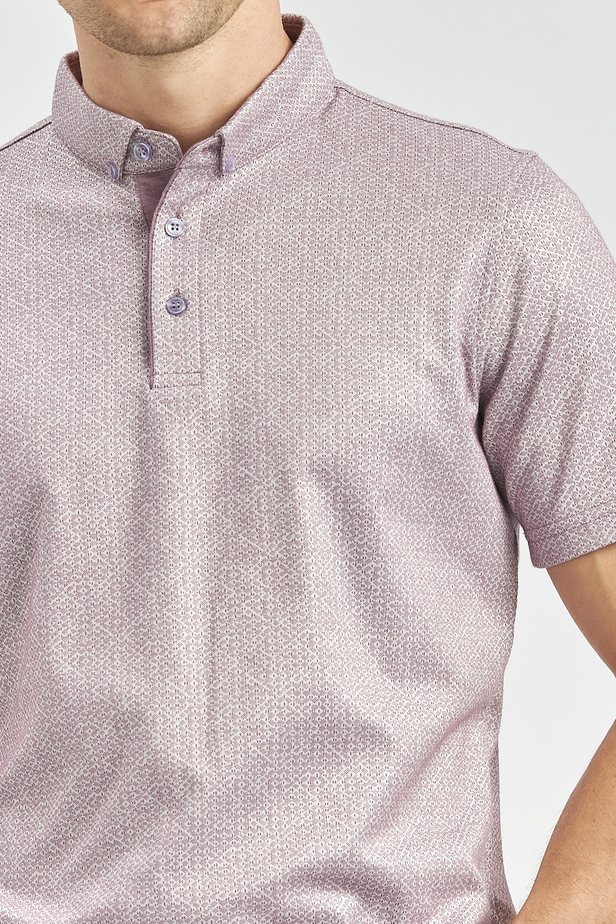 Lila Desenli Merserize Düğmeli Yaka Garnili Pamuklu Casual Slim Fit Dar Kesim Tişört 1011240164