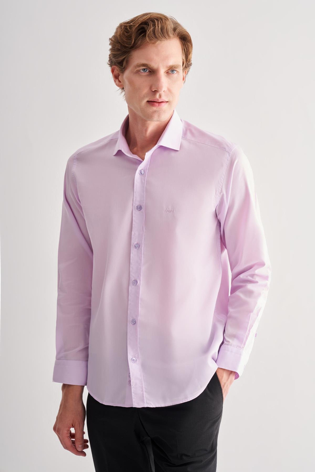 Lila Yarım İtalyan Yaka Uzun Kol Slim Fit Pamuklu Gömlek 1004255180
