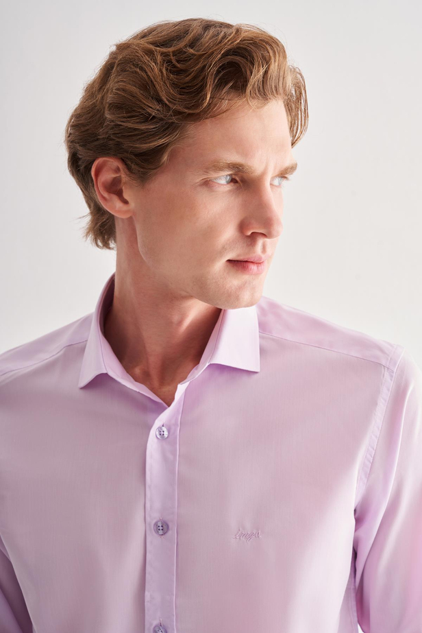 Lila Yarım İtalyan Yaka Uzun Kol Slim Fit Pamuklu Gömlek 1004255180