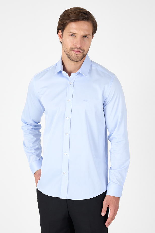 Mavi Sert Yaka Düz Classic %100 Pamuk Slim Fit Gömlek 1004250324