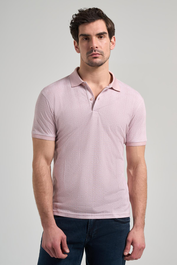 Pembe Kısa Kol Baskılı Pike Polo Yaka Cepsiz esnek Casual Slim Fit Tişört 1011250150