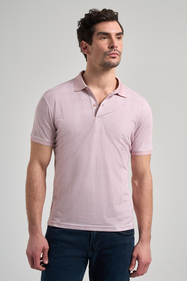 Pembe Kısa Kol Baskılı Pike Polo Yaka Cepsiz esnek Casual Slim Fit Tişört 1011250150