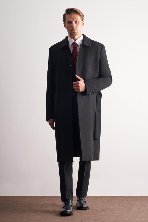 Siyah 115 Cm Kaşe Polo Yaka Düz Esnek Garnisiz-Biyesiz Comfort Fit Palto 1005245150