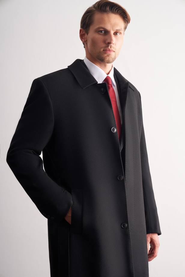 Siyah 115 Cm Kaşe Polo Yaka Düz Esnek Garnisiz-Biyesiz Comfort Fit Palto 1005245150