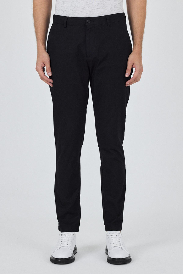 Siyah Armürlü Yan Cep Düz Paça Slim Fit Pamuklu Casual Chino Pantolon 1003250120