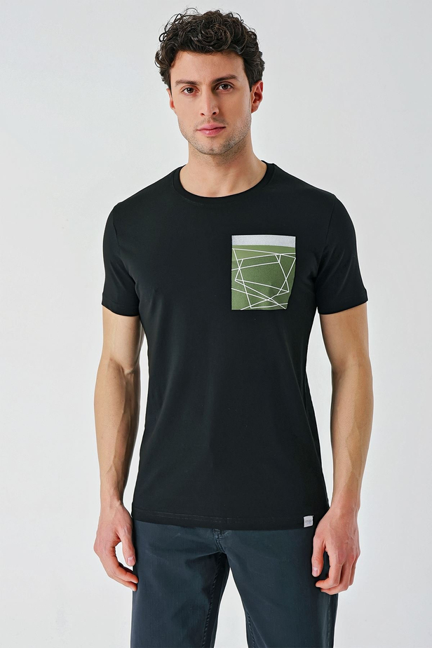 Siyah Baskılı Bez Ayağı Bisiklet Yaka %100 Pamuk Casual Slim Fit Dar Kesim Tişört 1011240169
