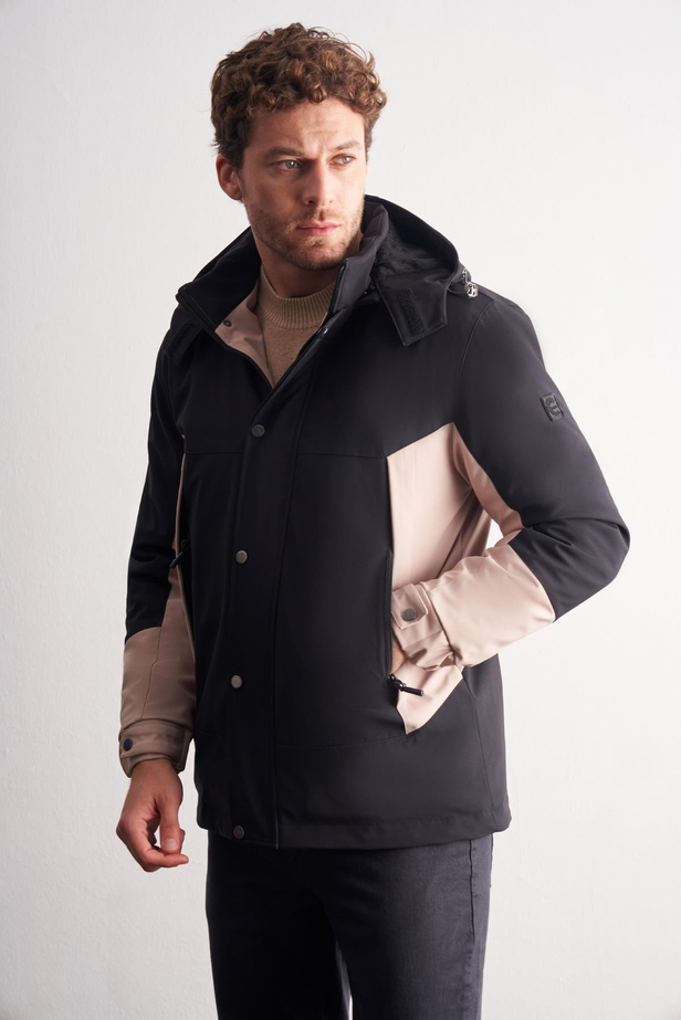 Siyah - Bej Kapüşonlu Yaka Bondid Yırtmaçsız Casual Mont 1007255134