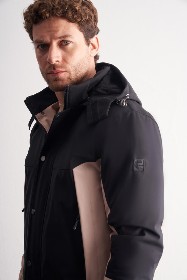 Siyah - Bej Kapüşonlu Yaka Bondid Yırtmaçsız Casual Mont 1007255134