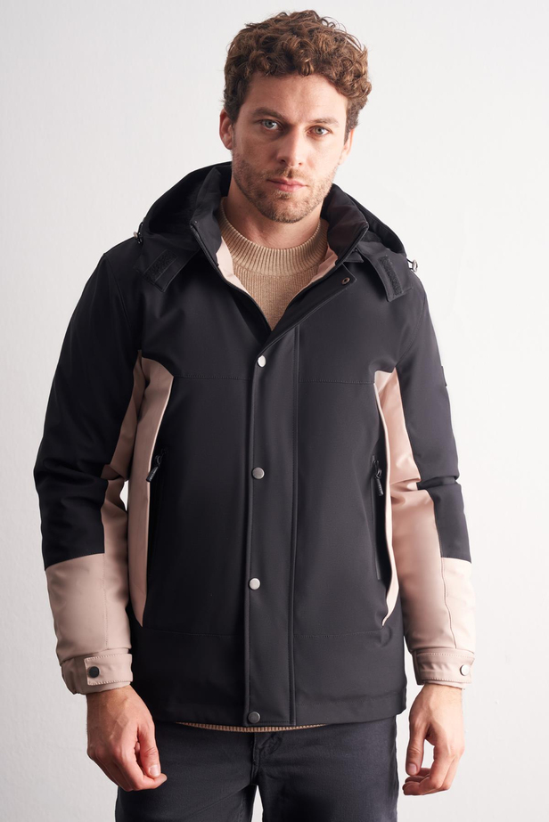 Siyah - Bej Kapüşonlu Yaka Bondid Yırtmaçsız Casual Mont 1007255134