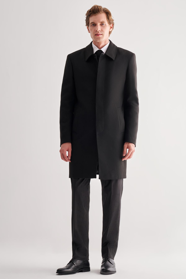 Siyah Berberi Yaka Tam Astar Classic Comfort Fit Esnek Kaşe Palto 1005255152