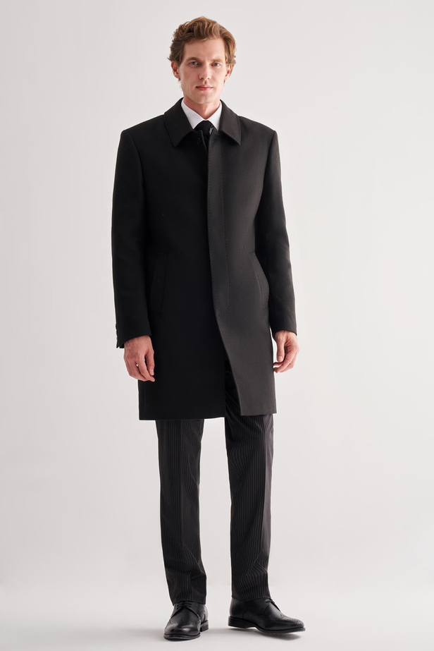 Siyah Berberi Yaka Tam Astar Classic Comfort Fit Esnek Kaşe Palto 1005255152