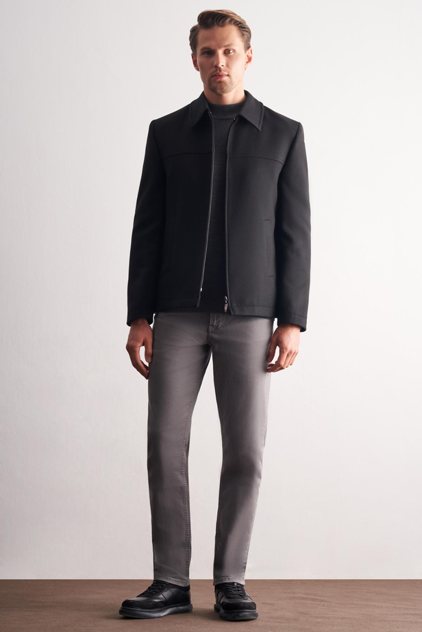 Siyah Berberi Yaka Tam Astar Classic Slim Fit Esnek Kaşe Mont 1007255121