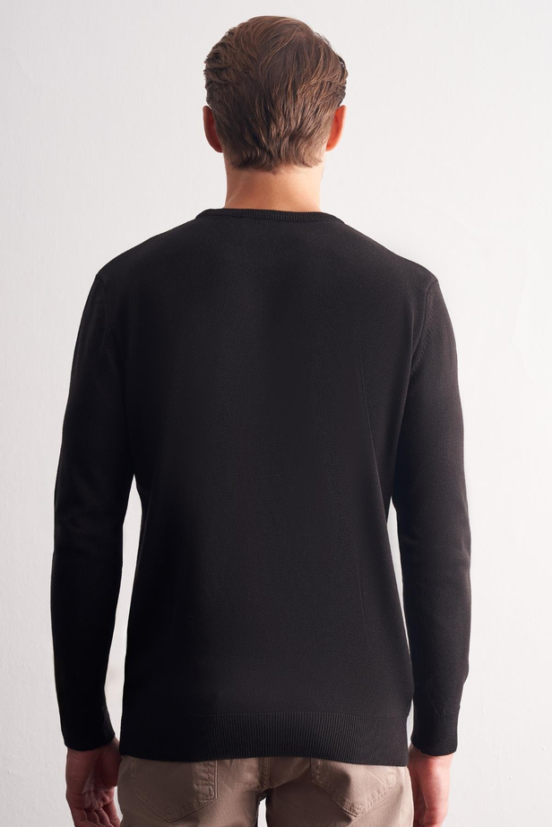 Siyah Bisiklet Yaka Uzun Kol Cepsiz Comfort Fit Pamuklu Triko Kazak 1012255221