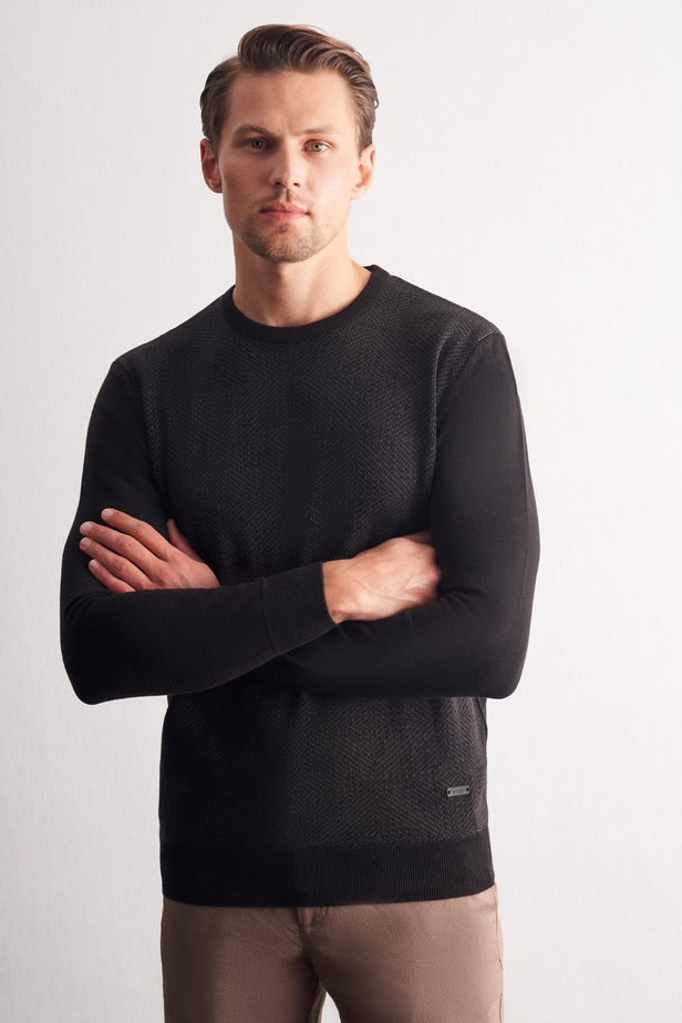 Siyah Bisiklet Yaka Uzun Kol Cepsiz Comfort Fit Pamuklu Triko Kazak 1012255216