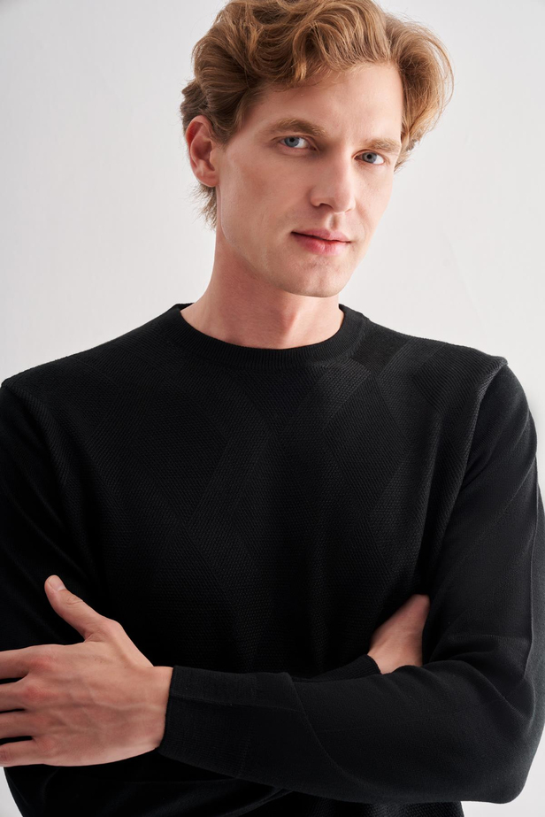 Siyah Bisiklet Yaka Uzun Kol Cepsiz Comfort Fit Classic Yünlü Triko Kazak 1012255207