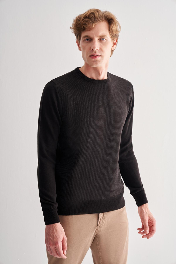 Siyah Bisiklet Yaka Uzun Kol Cepsiz Comfort Fit Pamuklu Triko Kazak 1012255220