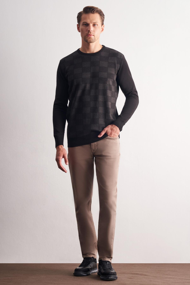 Siyah Bisiklet Yaka Uzun Kol Cepsiz Comfort Fit Pamuklu Triko Kazak 1012255221