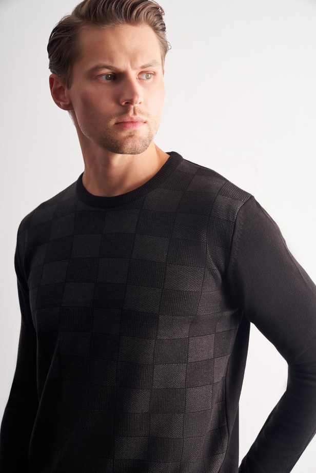 Siyah Bisiklet Yaka Uzun Kol Cepsiz Comfort Fit Pamuklu Triko Kazak 1012255221