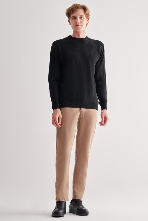 Siyah Bisiklet Yaka Uzun Kol Cepsiz Comfort Fit Classic Yünlü Triko Kazak 1012255207