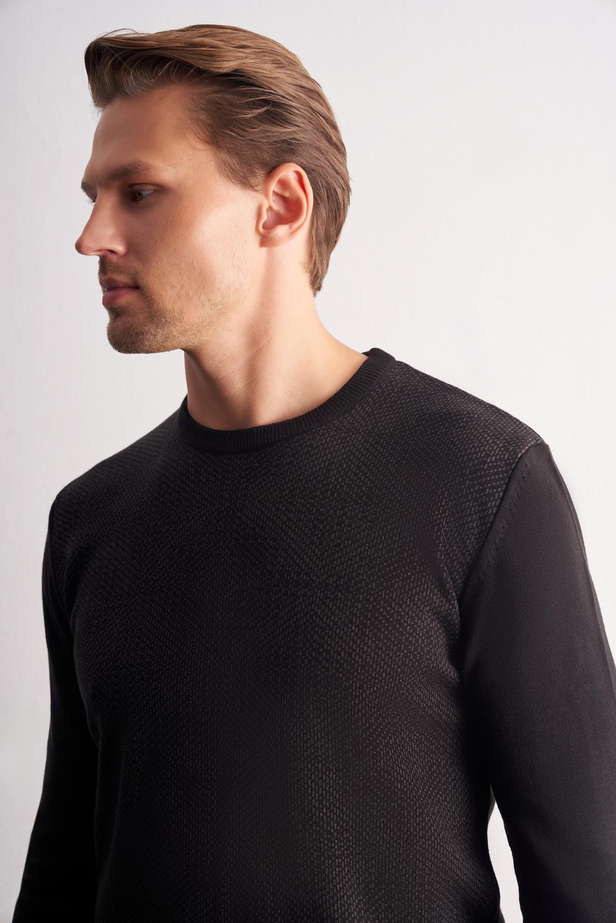 Siyah Bisiklet Yaka Uzun Kol Cepsiz Comfort Fit Pamuklu Triko Kazak 1012255216