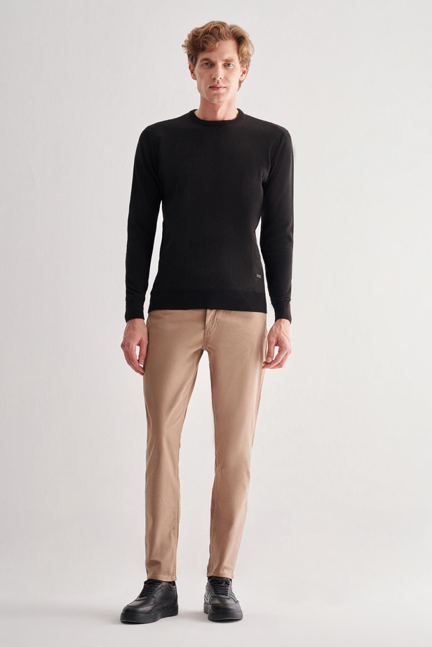 Siyah Bisiklet Yaka Uzun Kol Cepsiz Comfort Fit Pamuklu Triko Kazak 1012255220