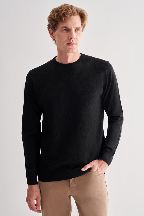 Siyah Bisiklet Yaka Uzun Kol Cepsiz Comfort Fit Classic Yünlü Triko Kazak 1012255207