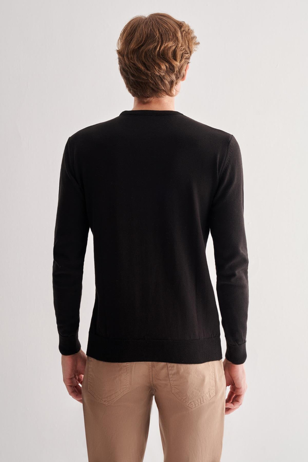 Siyah Bisiklet Yaka Uzun Kol Cepsiz Comfort Fit Pamuklu Triko Kazak 1012255220