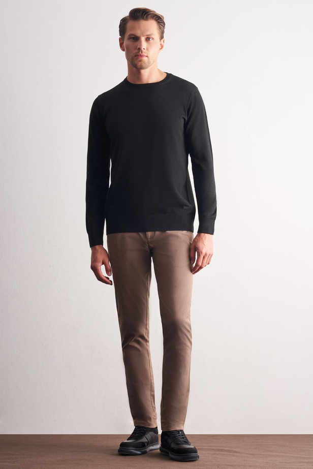 Siyah Bisiklet Yaka Uzun Kol Cepsiz Comfort Fit Classic Pamuklu Triko Kazak 1012255206