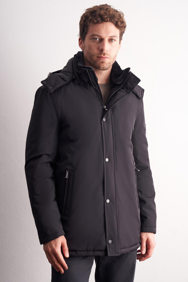 Siyah Çıkma Kapşonlu Dik Yaka Yırtmaçsız Esnek Classic Kaban 1008255165