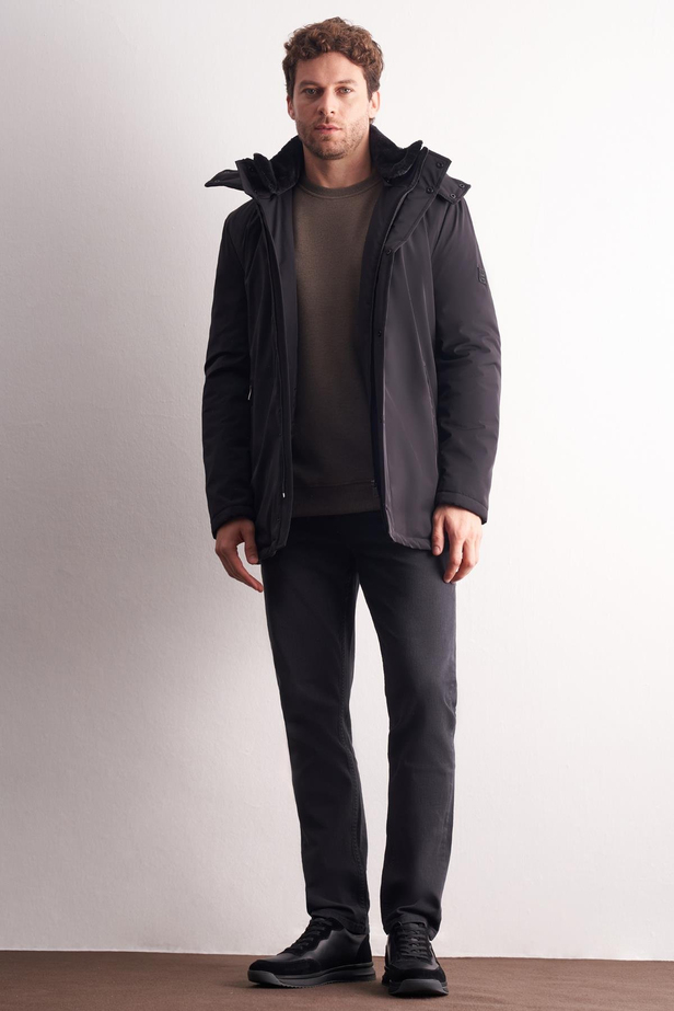 Siyah Çıkma Kapşonlu Dik Yaka Yırtmaçsız Esnek Classic Kaban 1008255165