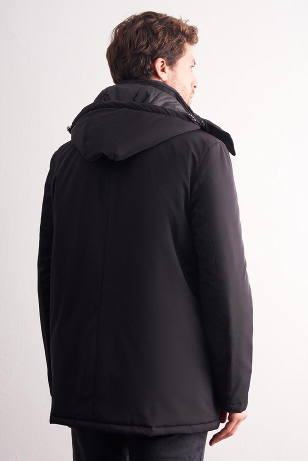 Siyah Çıkma Kapşonlu Dik Yaka Yırtmaçsız Esnek Classic Kaban 1008255165