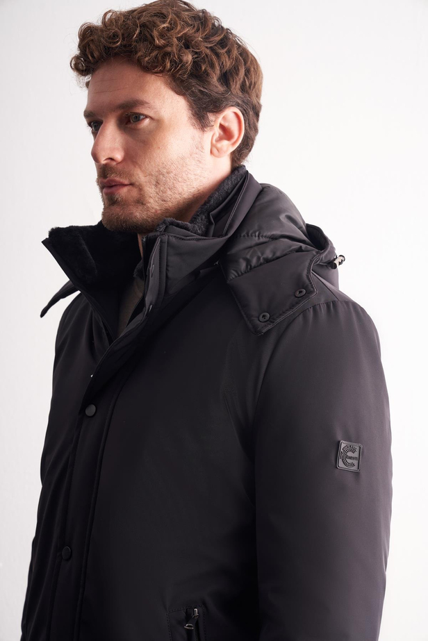 Siyah Çıkma Kapşonlu Dik Yaka Yırtmaçsız Esnek Classic Kaban 1008255165