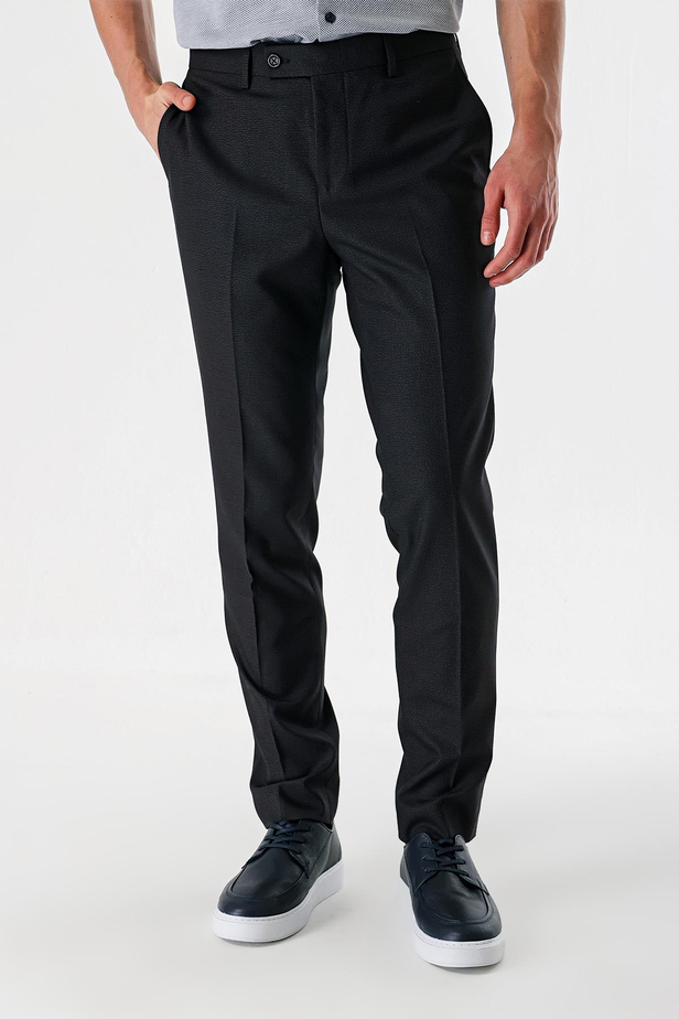 Siyah Desenli Pamuklu Likralı Yan Cepli Slim Fit Dar Kesim Klasik Pantolon 1003240152