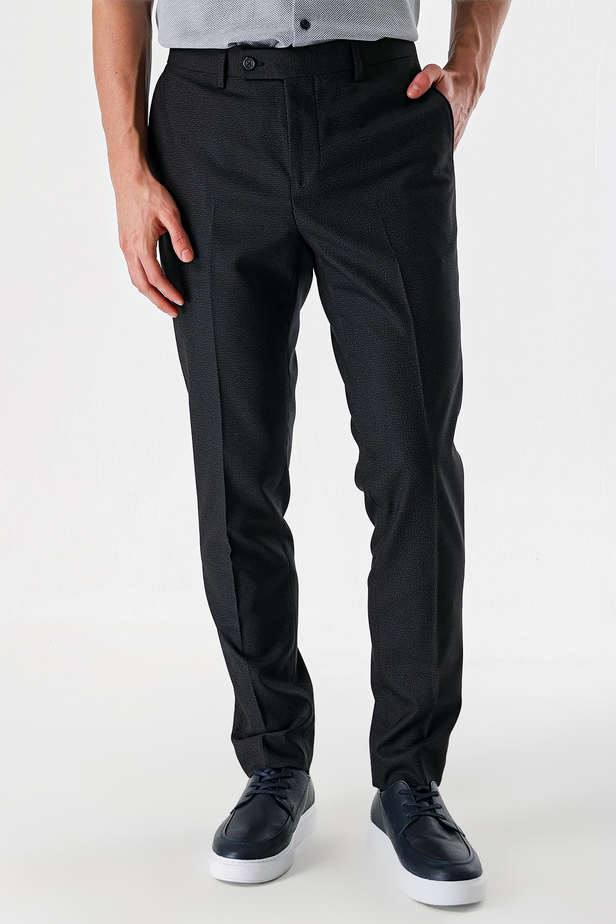 Siyah Desenli Pamuklu Likralı Yan Cepli Slim Fit Dar Kesim Klasik Pantolon 1003240152