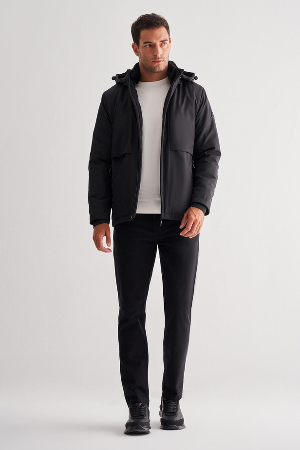 Siyah Dik Yaka Çıkma Kapşonlu Slim Fit Casual Mont 1007255133
