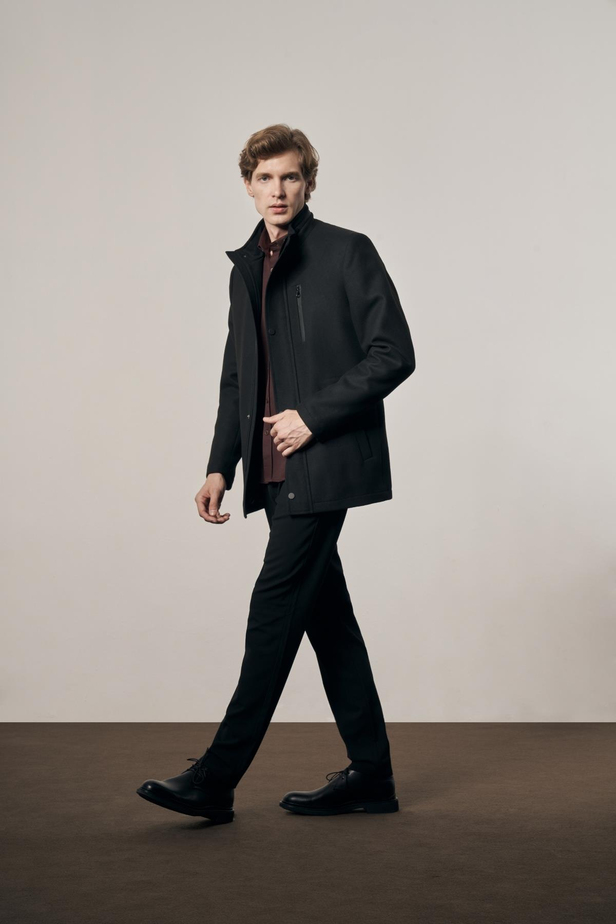 Siyah Dik Yaka Tam Astar Classic Slim Fit Esnek Kaşe Kaban 1008255150