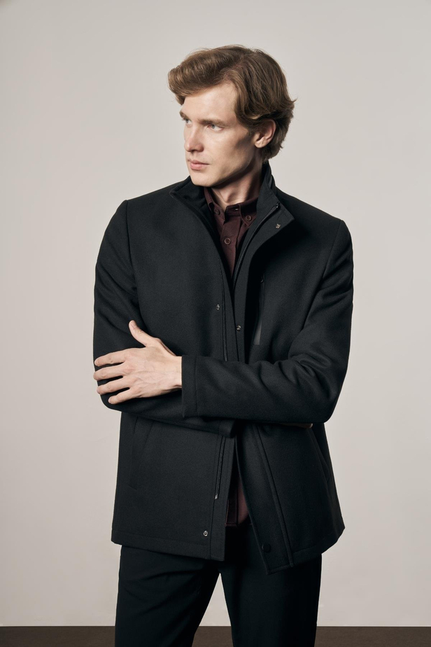 Siyah Dik Yaka Tam Astar Classic Slim Fit Esnek Kaşe Kaban 1008255150