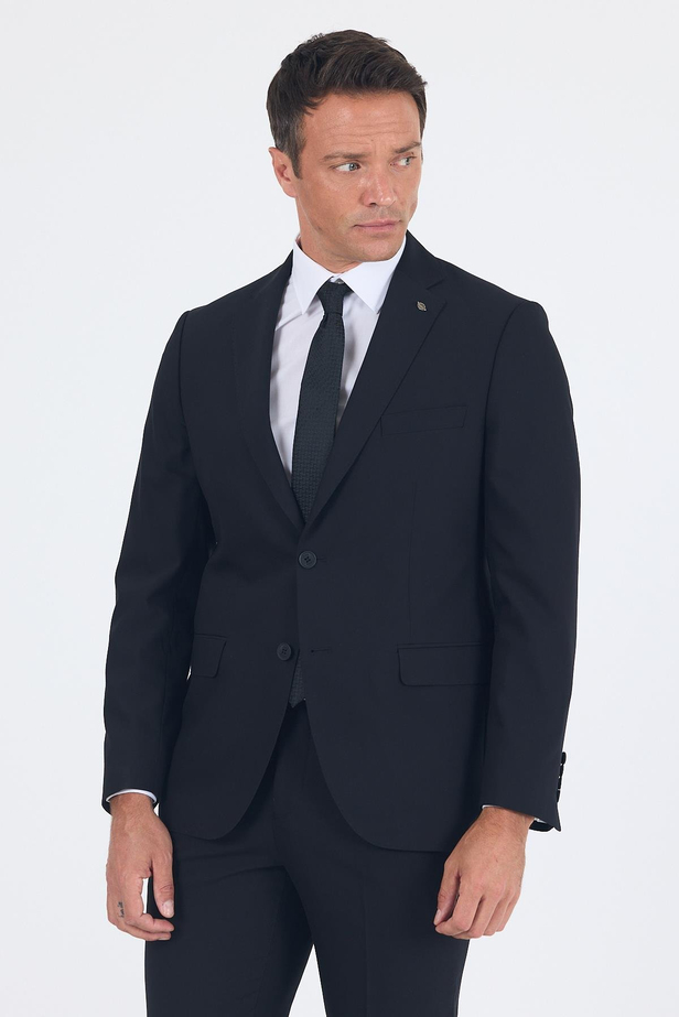 Siyah Düz Gabardin Mono Yaka 2 Düğme 6 Drop Comfort Fit Basic Takım Elbise 1001250010_001