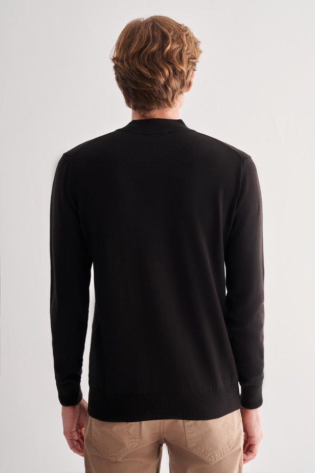 Siyah Fermuarlı Dik Yaka Uzun Kol Cepsiz Comfort Fit Classic Pamuklu Triko Kazak 1012255201